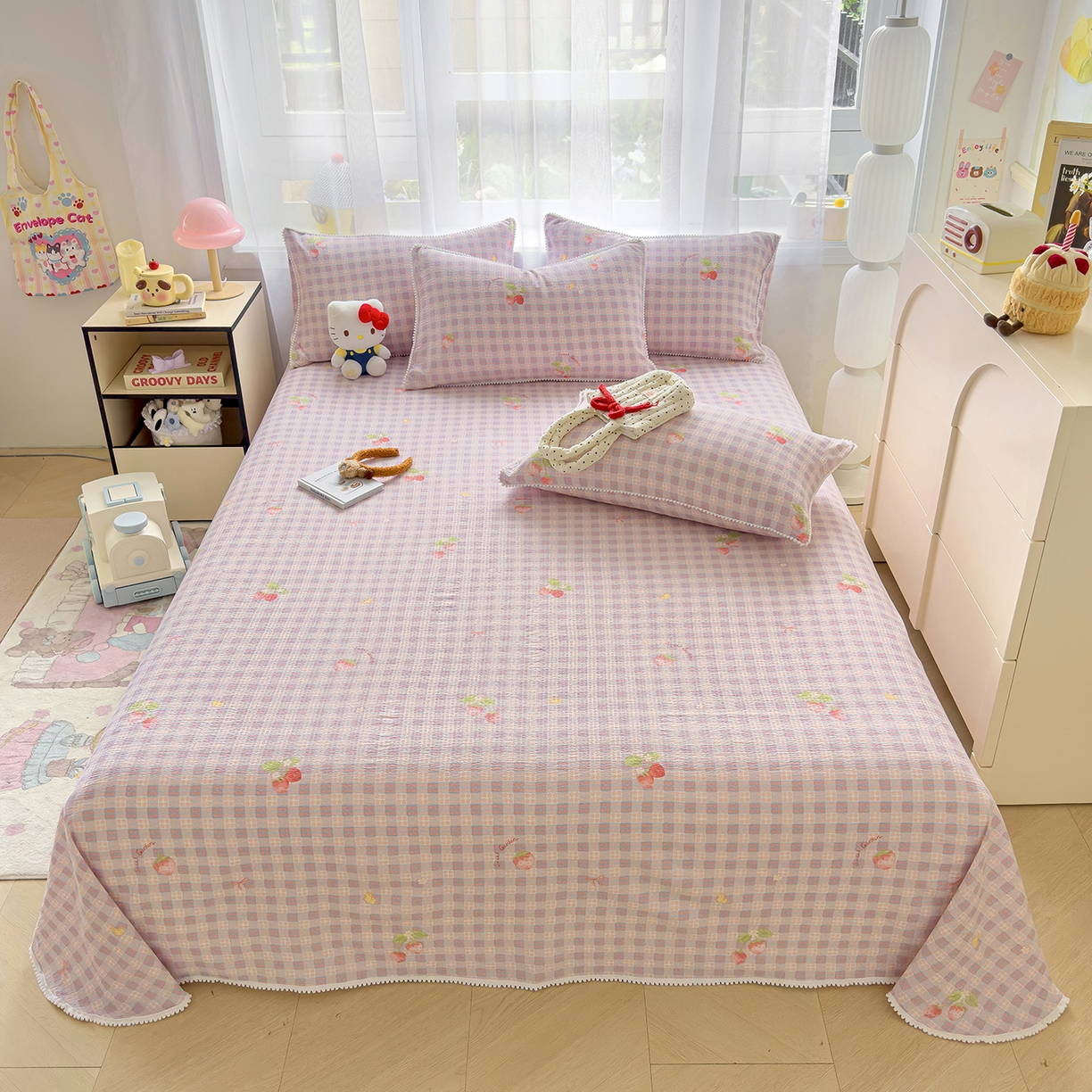 91家纺网 家纺一手货源 找家纺 三盛源 2025新款韩版碎花球球皱皱纱双层纱水洗棉单床单床单单件 樱果格韵