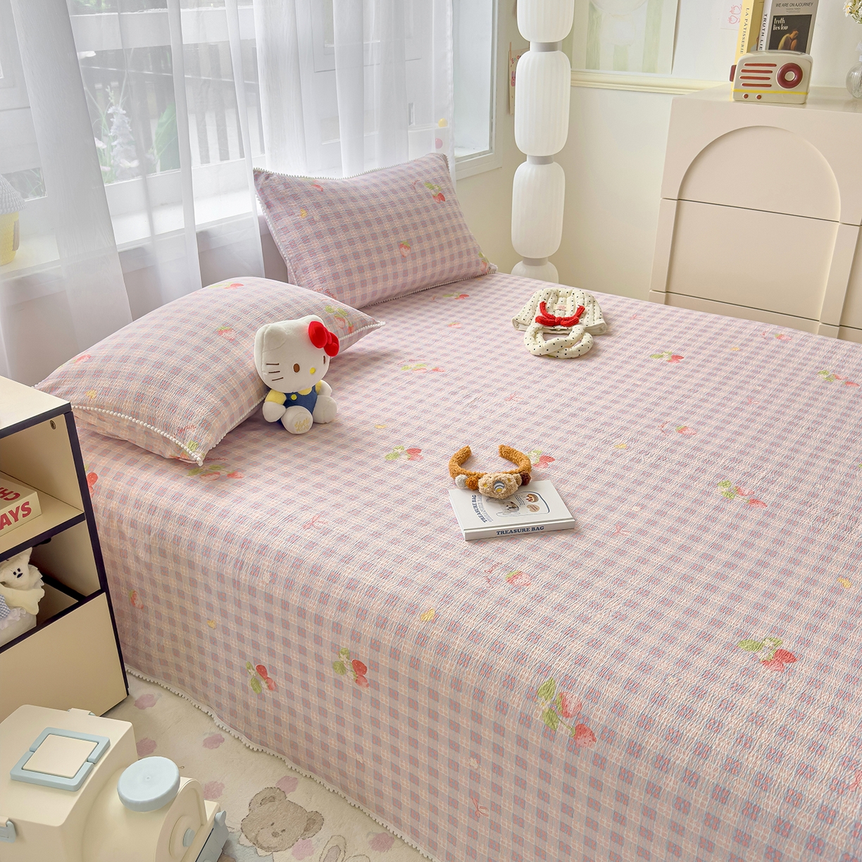 91家纺网 家纺一手货源 找家纺 三盛源 2025新款韩版碎花球球皱皱纱双层纱水洗棉单床单床单单件 樱果格韵