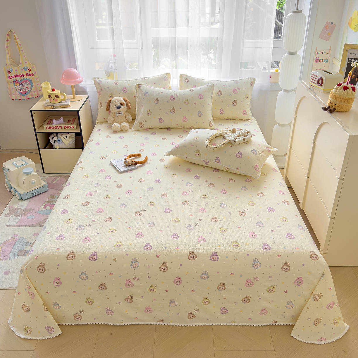 91家纺网 家纺一手货源 找家纺 三盛源 2025新款韩版碎花球球皱皱纱双层纱水洗棉单床单床单单件 暖黄萌灰