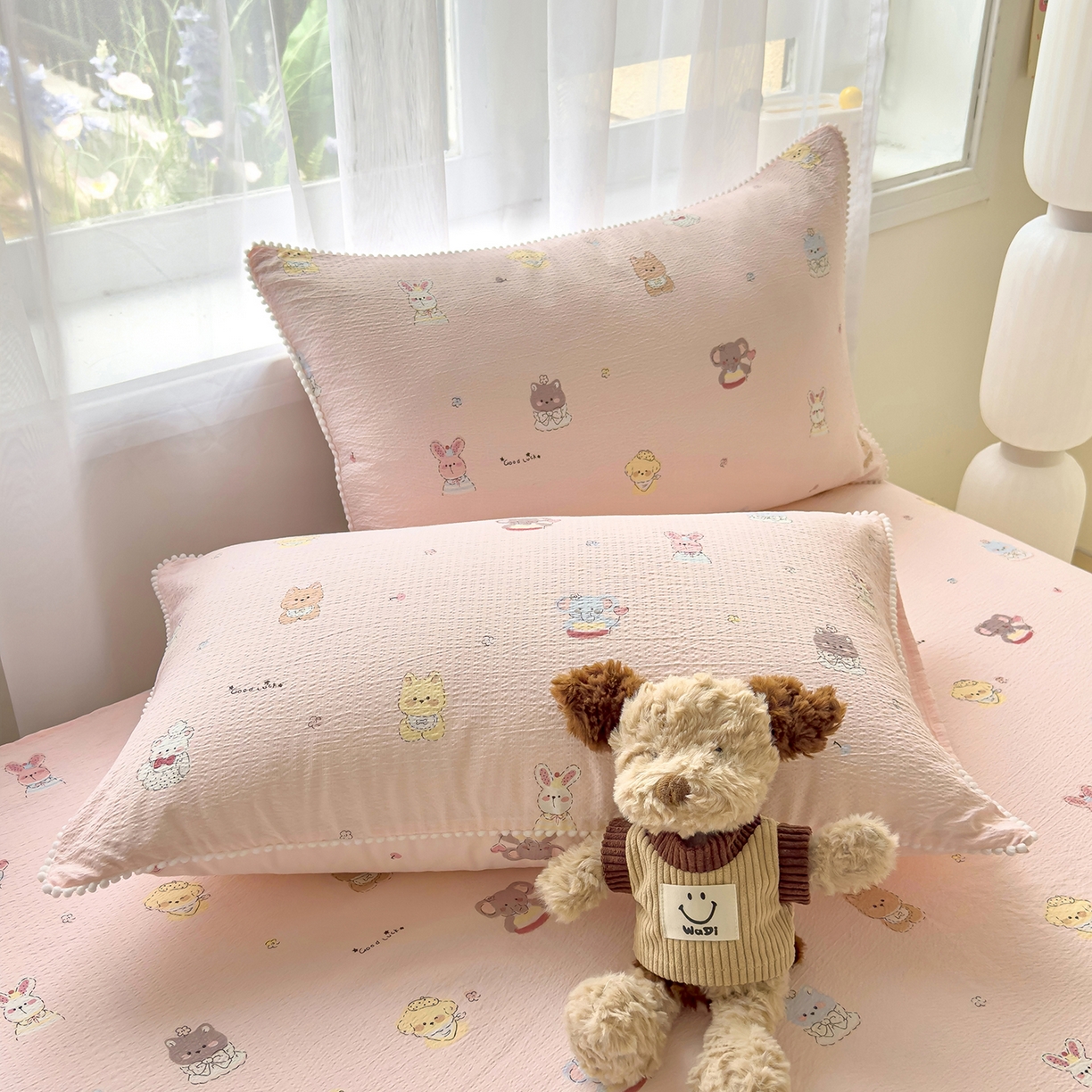 91家纺网 家纺一手货源 找家纺 三盛源 2025新款韩版碎花球球皱皱纱双层纱水洗棉单床单床单单件 奶芙动物园