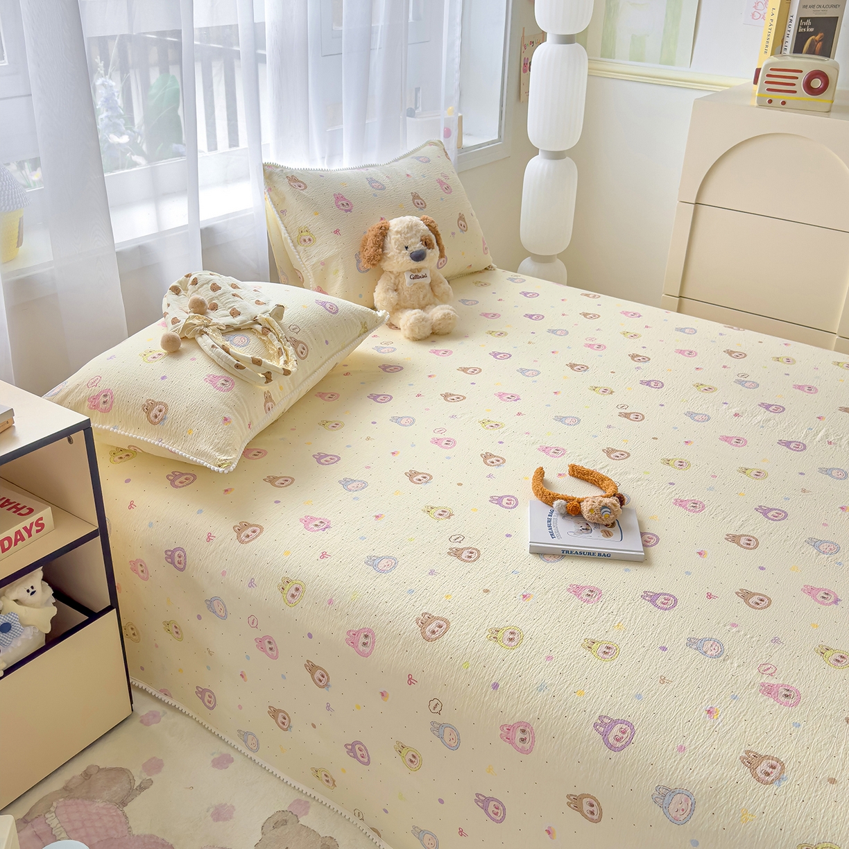 91家纺网 家纺一手货源 找家纺 三盛源 2025新款韩版碎花球球皱皱纱双层纱水洗棉单床单床单单件 暖黄萌灰