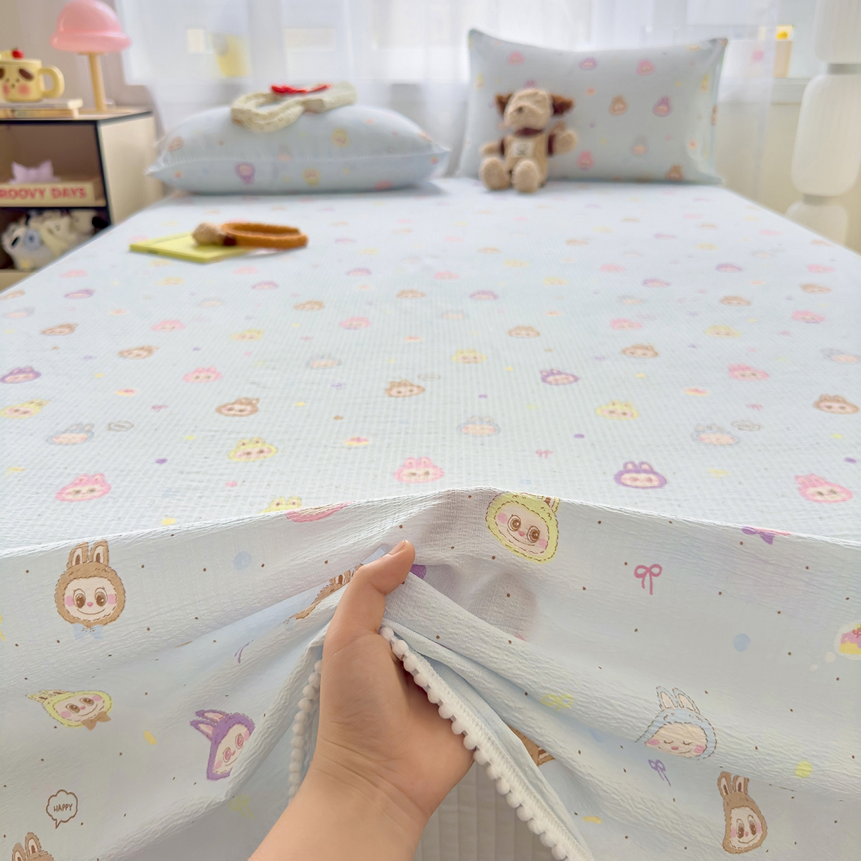 91家纺网 家纺一手货源 找家纺 三盛源 2025新款韩版碎花球球皱皱纱双层纱水洗棉单床单床单单件 浅蓝童话