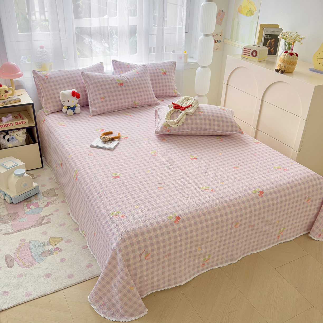 91家纺网 家纺一手货源 找家纺 三盛源 2025新款韩版碎花球球皱皱纱双层纱水洗棉单床单床单单件 樱果格韵