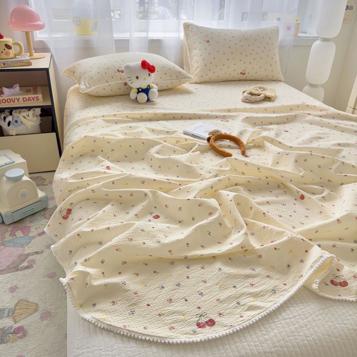 91家纺网 家纺一手货源 找家纺 三盛源 2025新款韩版碎花球球皱皱纱双层纱水洗棉单床单床单单件 樱甜小筑