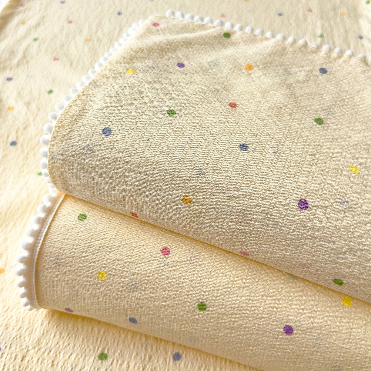 91家纺网 家纺一手货源 找家纺 三盛源 2025新款韩版碎花球球皱皱纱双层纱水洗棉单床单床单单件 波点甜梦