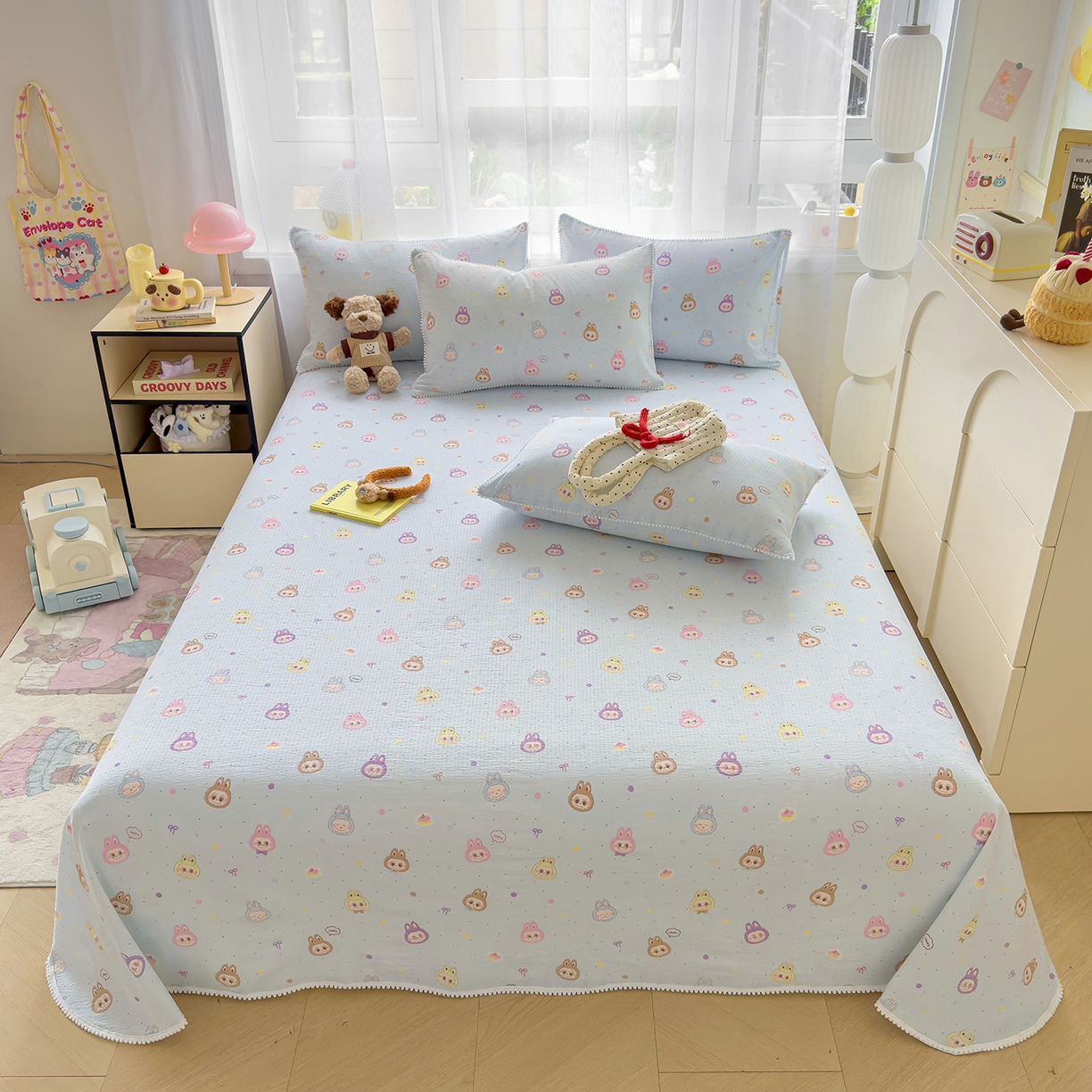 91家纺网 家纺一手货源 找家纺 三盛源 2025新款韩版碎花球球皱皱纱双层纱水洗棉单床单床单单件 浅蓝童话