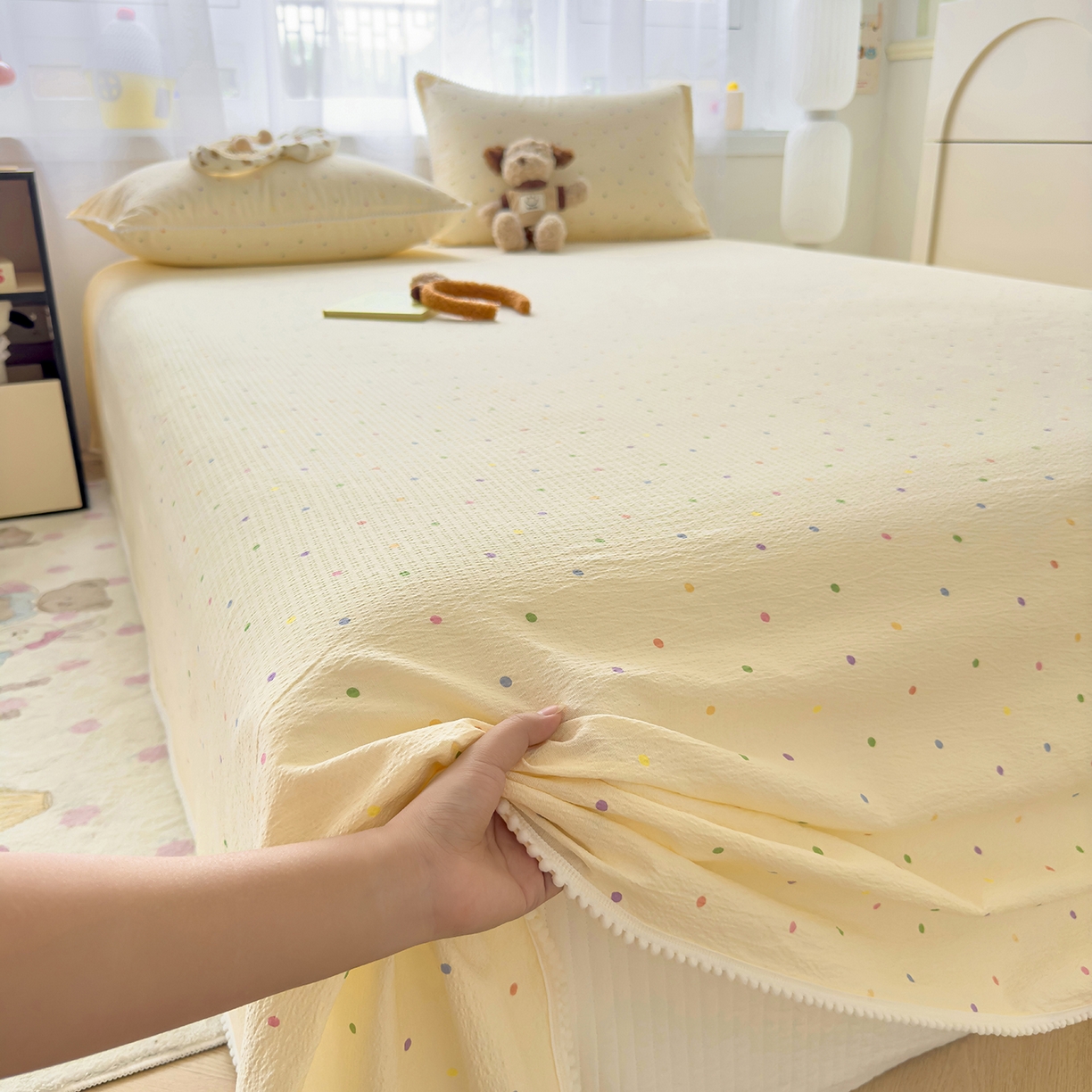 91家纺网 家纺一手货源 找家纺 三盛源 2025新款韩版碎花球球皱皱纱双层纱水洗棉单床单床单单件 波点甜梦