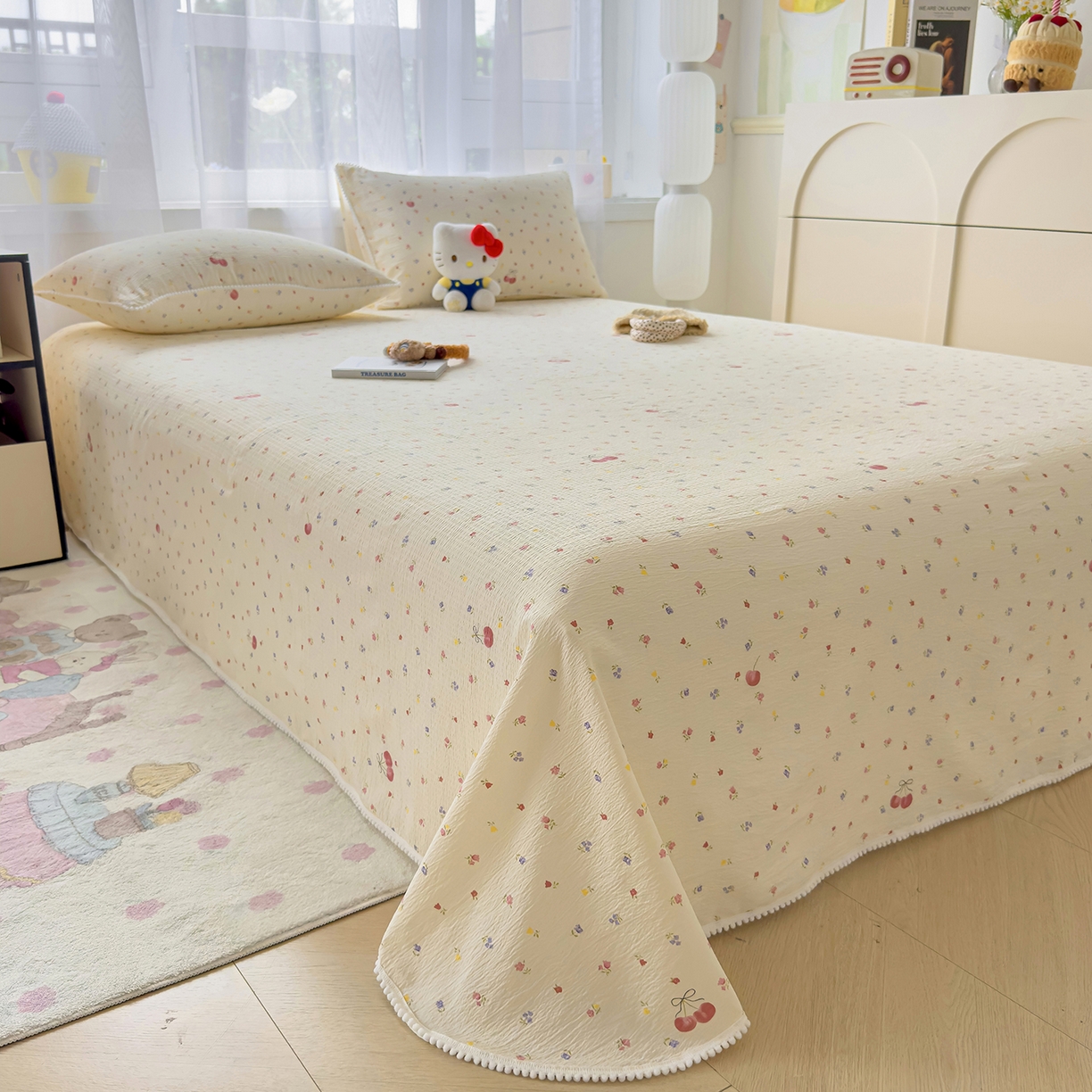 91家纺网 家纺一手货源 找家纺 三盛源 2025新款韩版碎花球球皱皱纱双层纱水洗棉单床单床单单件 樱甜小筑