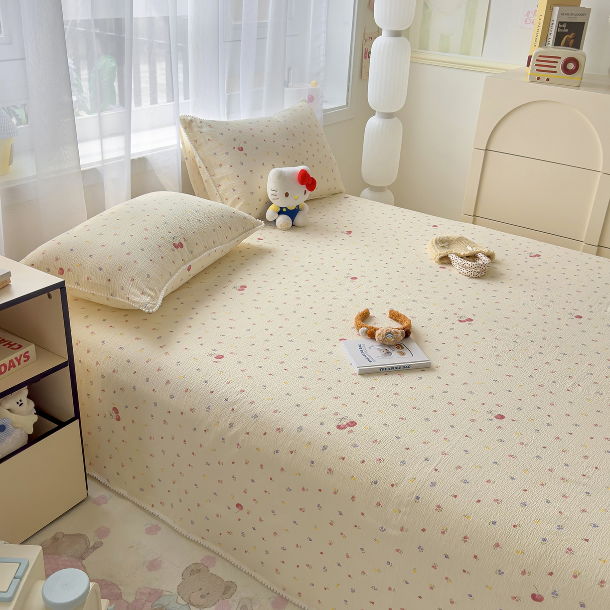 91家纺网 家纺一手货源 找家纺 三盛源 2025新款韩版碎花球球皱皱纱双层纱水洗棉单床单床单单件 樱甜小筑