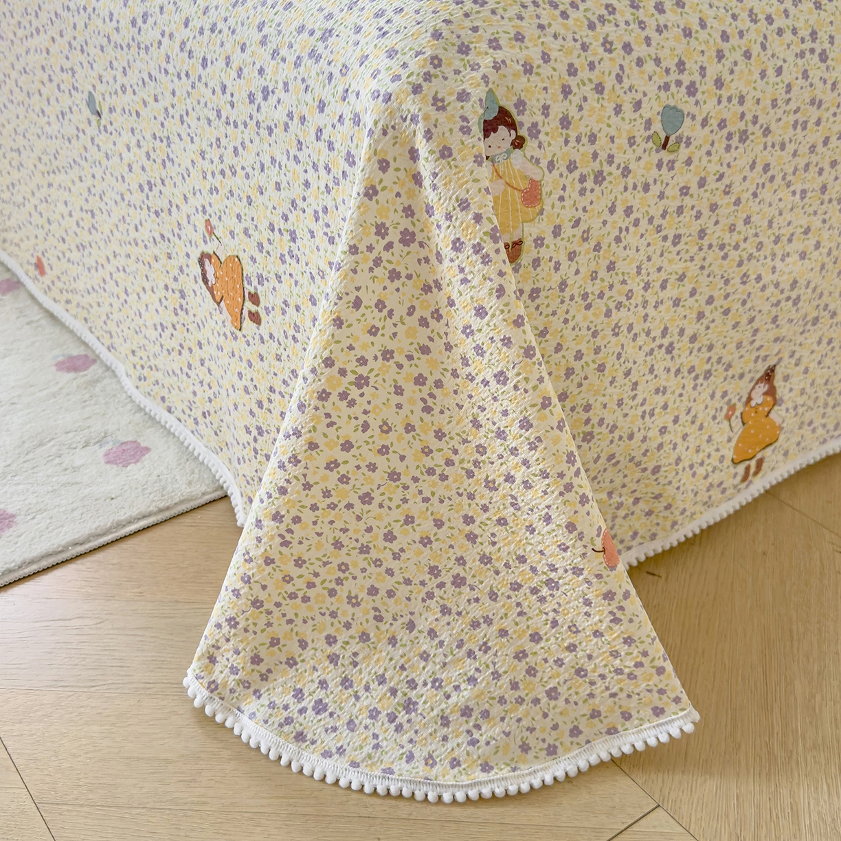 91家纺网 家纺一手货源 找家纺 三盛源 2025新款韩版碎花球球皱皱纱双层纱水洗棉单床单床单单件 碎花小仙旅