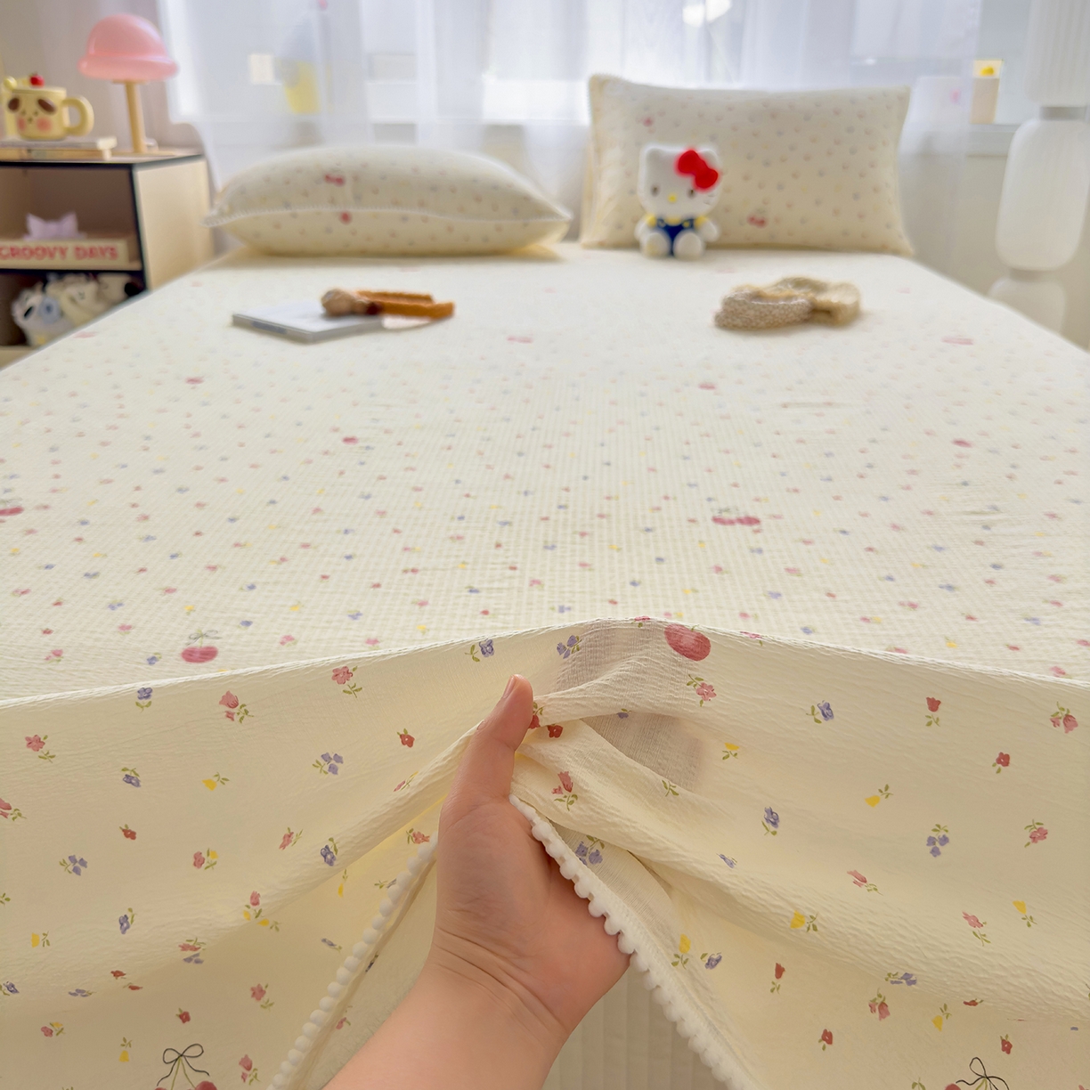 91家纺网 家纺一手货源 找家纺 三盛源 2025新款韩版碎花球球皱皱纱双层纱水洗棉单床单床单单件 樱甜小筑