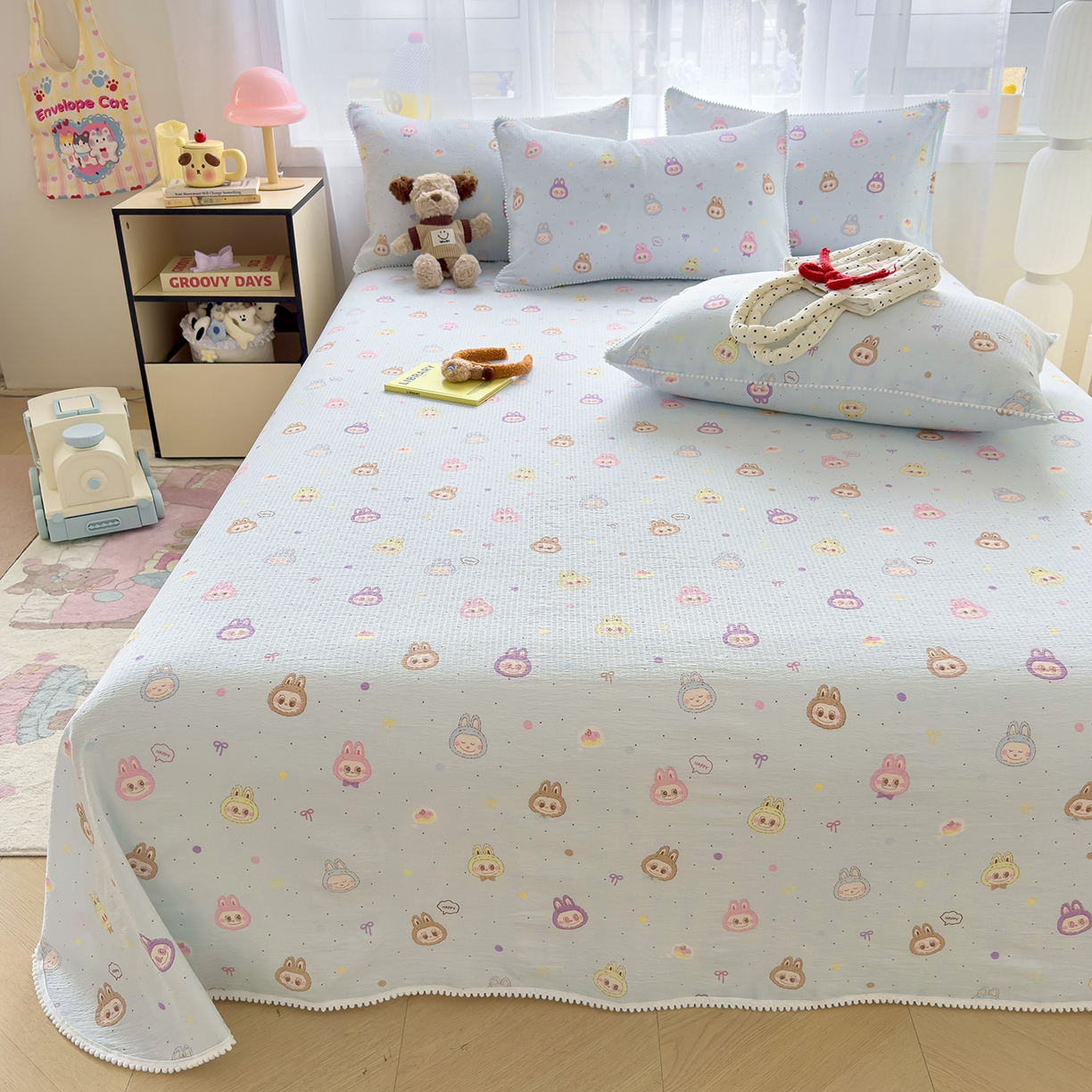 91家纺网 家纺一手货源 找家纺 三盛源 2025新款韩版碎花球球皱皱纱双层纱水洗棉单床单床单单件 浅蓝童话