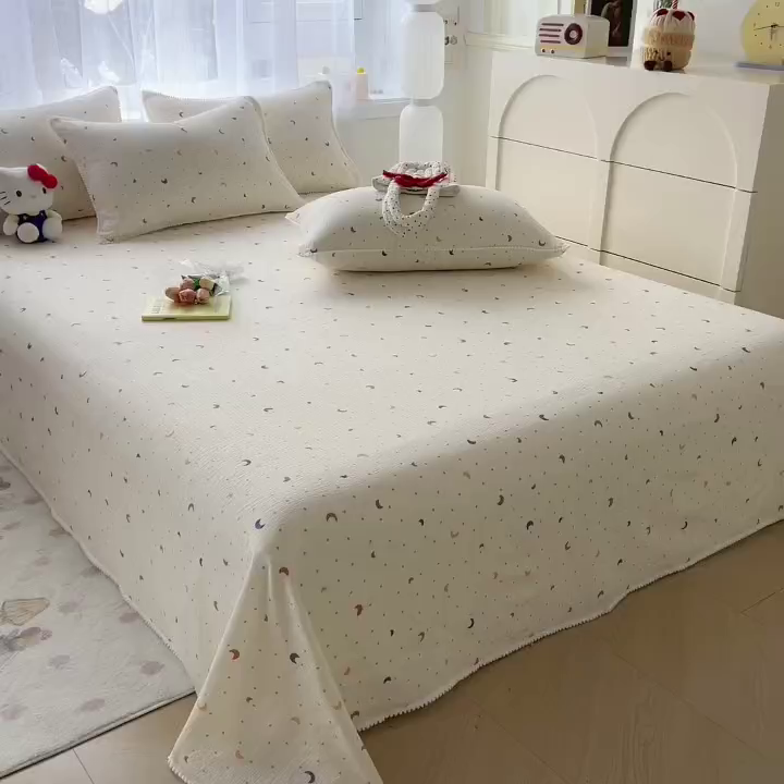 91家纺网 家纺一手货源 找家纺 三盛源 2025新款韩版碎花球球皱皱纱双层纱水洗棉单床单床单单件 星月心雨