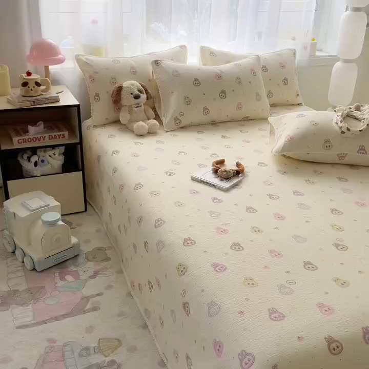 91家纺网 家纺一手货源 找家纺 三盛源 2025新款韩版碎花球球皱皱纱双层纱水洗棉单床单床单单件 暖黄萌灰