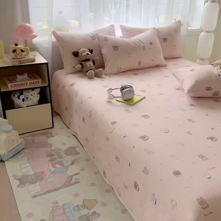 91家纺网 家纺一手货源 找家纺 三盛源 2025新款韩版碎花球球皱皱纱双层纱水洗棉单床单床单单件 奶芙动物园