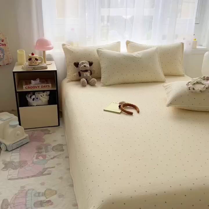 91家纺网 家纺一手货源 找家纺 三盛源 2025新款韩版碎花球球皱皱纱双层纱水洗棉单床单床单单件 波点甜梦