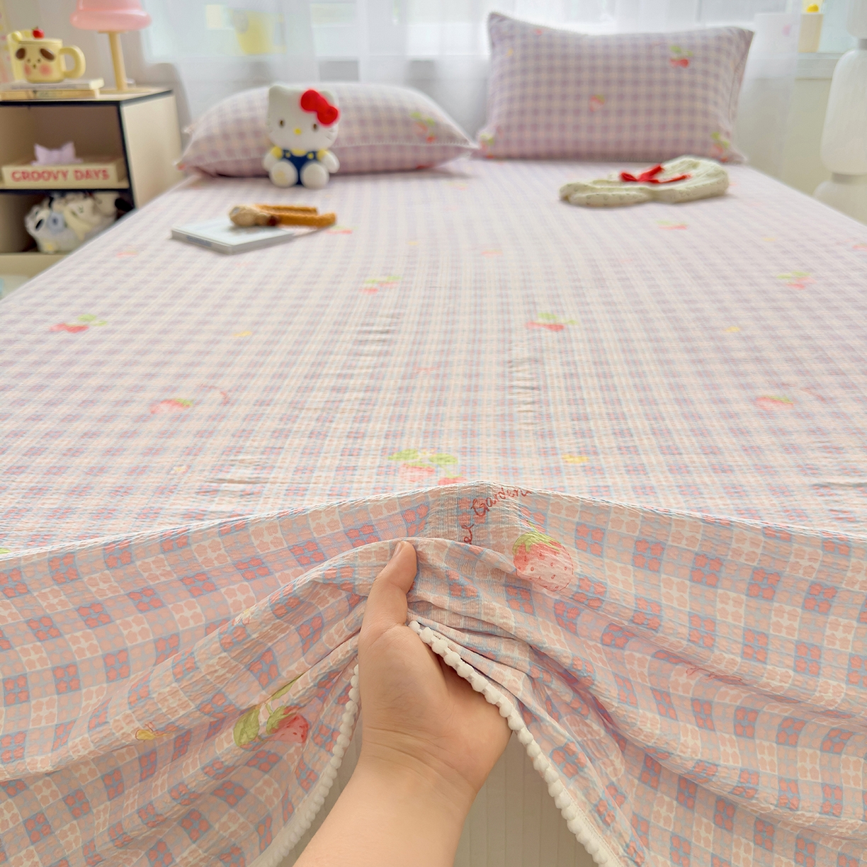 91家纺网 家纺一手货源 找家纺 三盛源 2025新款韩版碎花球球皱皱纱双层纱水洗棉单床单床单单件 樱果格韵