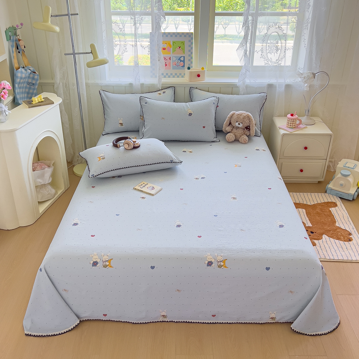 91家纺网 家纺一手货源 找家纺 （总）三盛源 2025新款韩版碎花皱皱双层纱镂空花边水洗棉单床单床单单件