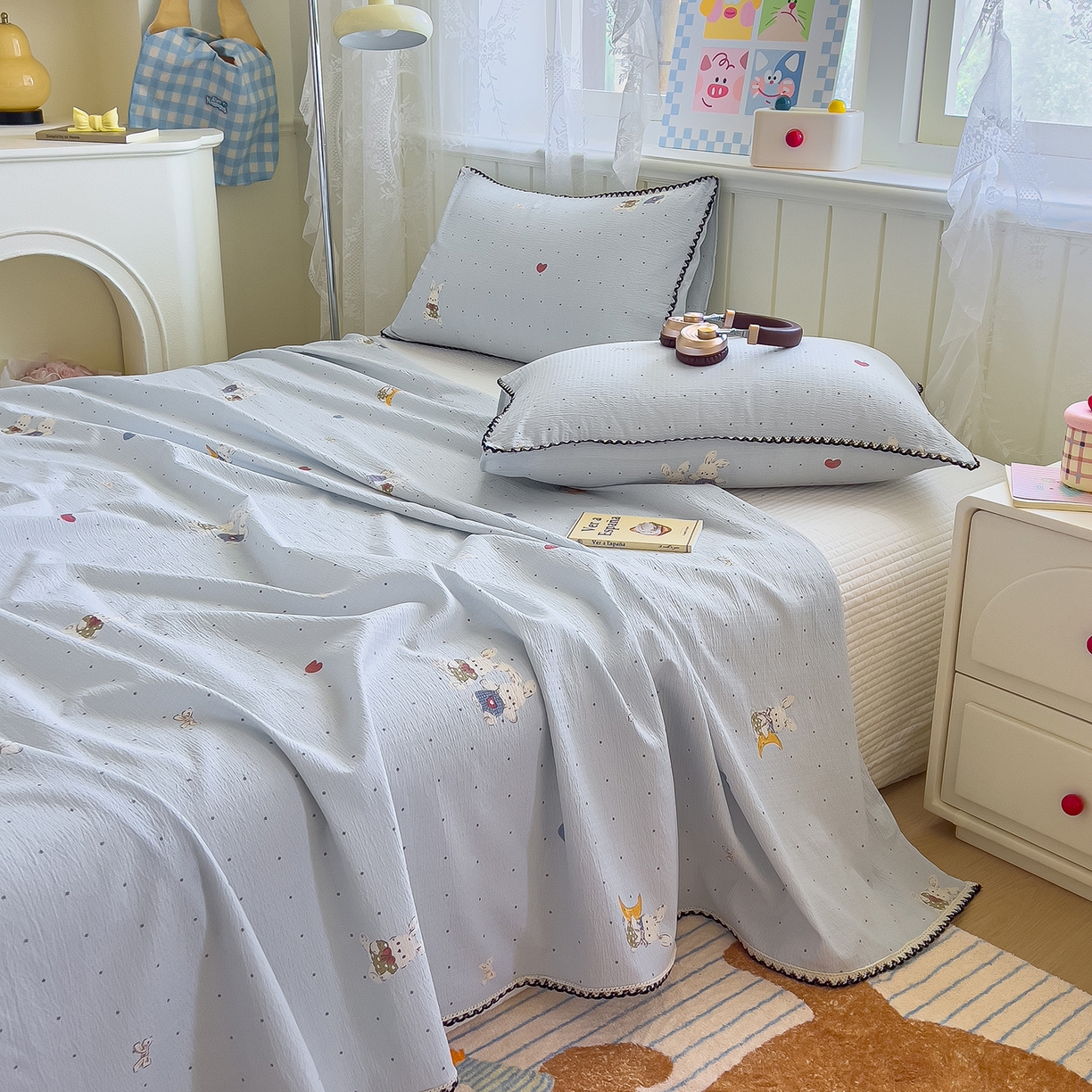 91家纺网 家纺一手货源 找家纺 （总）三盛源 2025新款韩版碎花皱皱双层纱镂空花边水洗棉单床单床单单件