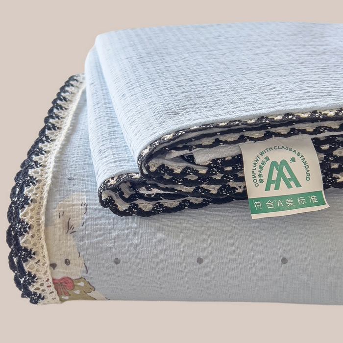 91家纺网 家纺一手货源 找家纺 三盛源 2025新款韩版碎花皱皱双层纱镂空花边水洗棉单床单床单单件 波点兔-蓝