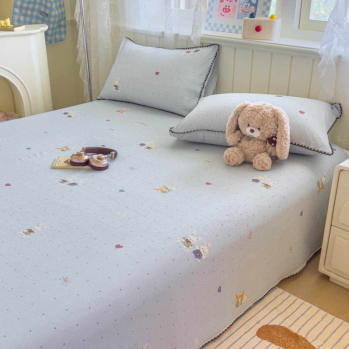 91家纺网 家纺一手货源 找家纺 （总）三盛源 2025新款韩版碎花皱皱双层纱镂空花边水洗棉单床单床单单件