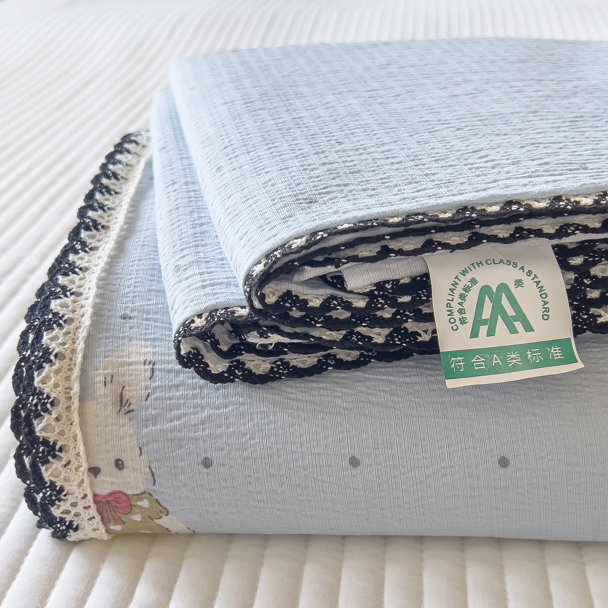 91家纺网 家纺一手货源 找家纺 三盛源 2025新款韩版碎花皱皱双层纱镂空花边水洗棉单床单床单单件 波点兔-蓝