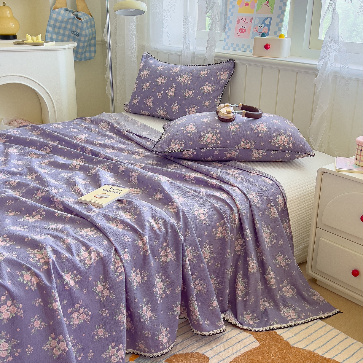 91家纺网 家纺一手货源 找家纺 三盛源 2025新款韩版碎花皱皱双层纱镂空花边水洗棉单床单床单单件 含烟蔻-紫