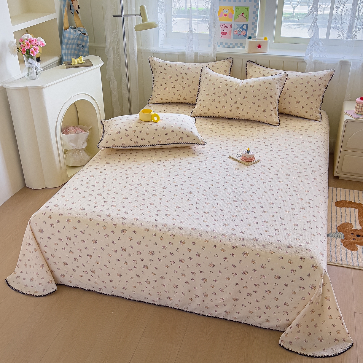 91家纺网 家纺一手货源 找家纺 三盛源 2025新款韩版碎花皱皱双层纱镂空花边水洗棉单床单床单单件 梦境