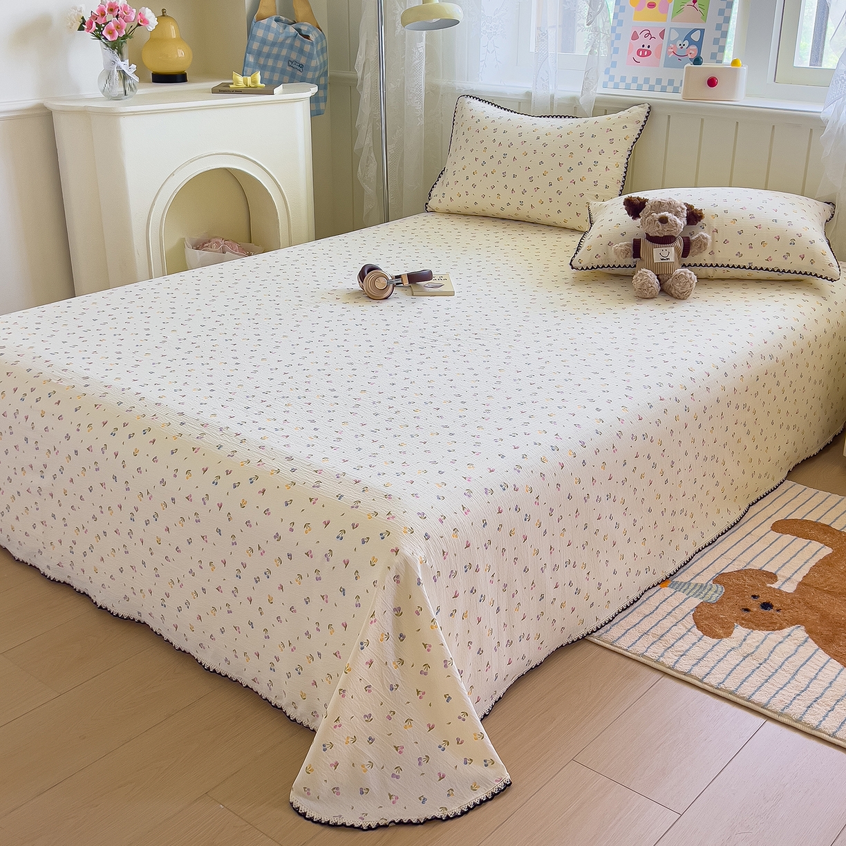 91家纺网 家纺一手货源 找家纺 三盛源 2025新款韩版碎花皱皱双层纱镂空花边水洗棉单床单床单单件 樱桃波波