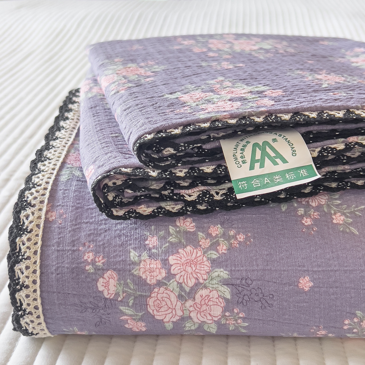 91家纺网 家纺一手货源 找家纺 三盛源 2025新款韩版碎花皱皱双层纱镂空花边水洗棉单床单床单单件 含烟蔻-紫