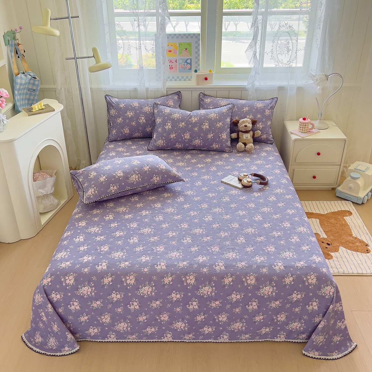 91家纺网 家纺一手货源 找家纺 三盛源 2025新款韩版碎花皱皱双层纱镂空花边水洗棉单床单床单单件 含烟蔻-紫