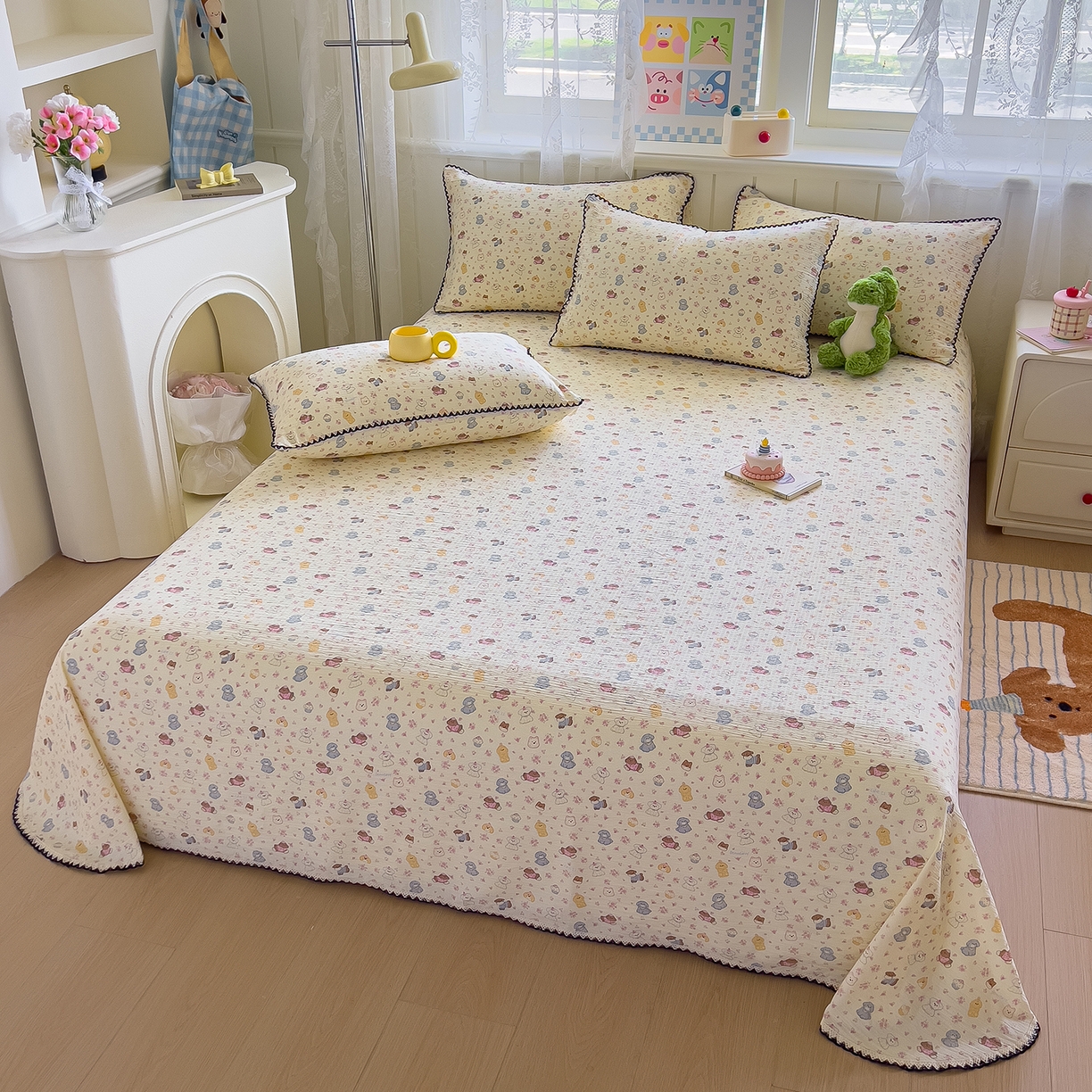 91家纺网 家纺一手货源 找家纺 三盛源 2025新款韩版碎花皱皱双层纱镂空花边水洗棉单床单床单单件 狗狗乐园