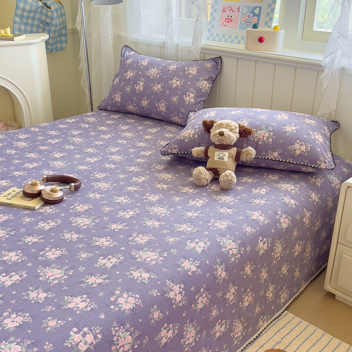 91家纺网 家纺一手货源 找家纺 三盛源 2025新款韩版碎花皱皱双层纱镂空花边水洗棉单床单床单单件 含烟蔻-紫