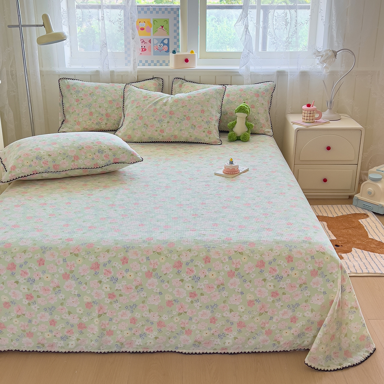 91家纺网 家纺一手货源 找家纺 三盛源 2025新款韩版碎花皱皱双层纱镂空花边水洗棉单床单床单单件 莱茵-绿