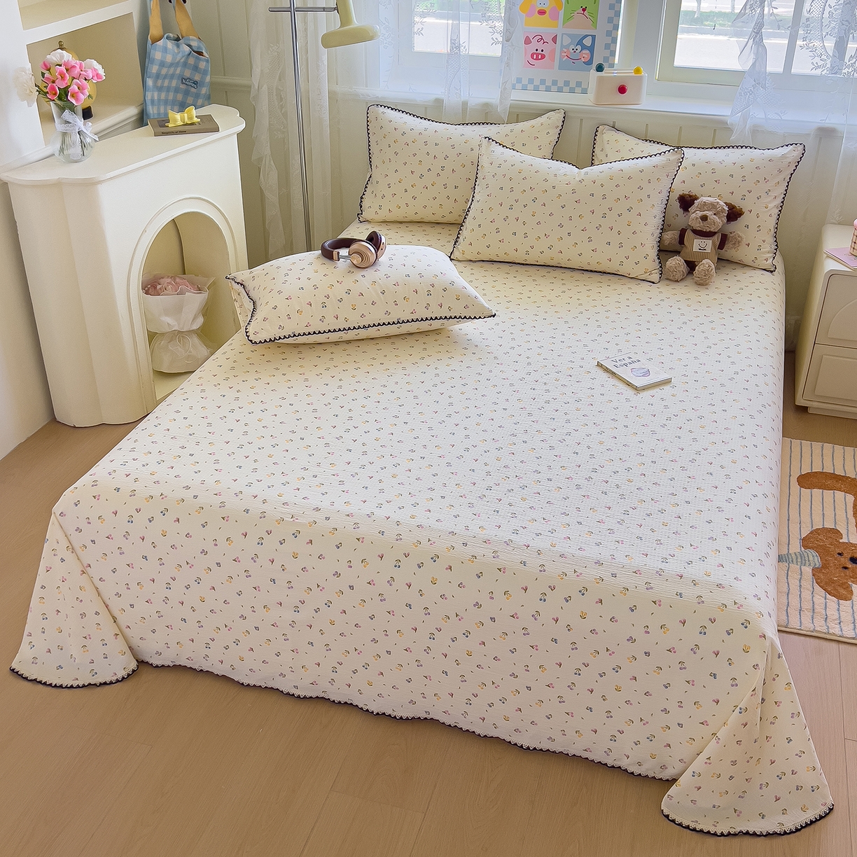 91家纺网 家纺一手货源 找家纺 三盛源 2025新款韩版碎花皱皱双层纱镂空花边水洗棉单床单床单单件 樱桃波波