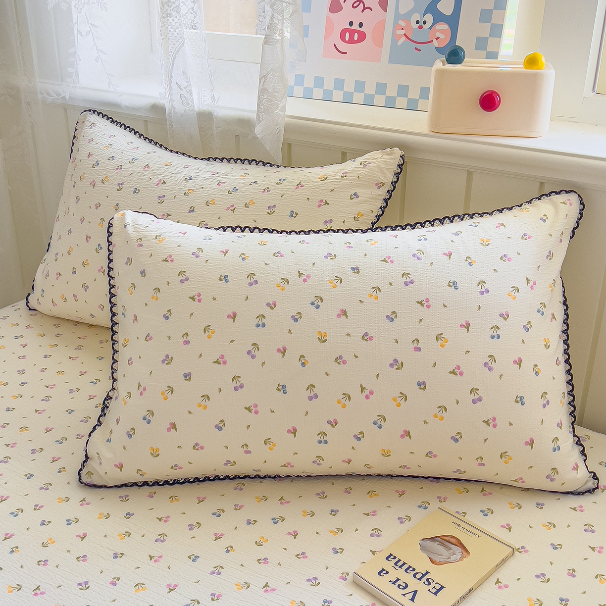 91家纺网 家纺一手货源 找家纺 三盛源 2025新款韩版碎花皱皱双层纱镂空花边水洗棉单床单床单单件 樱桃波波