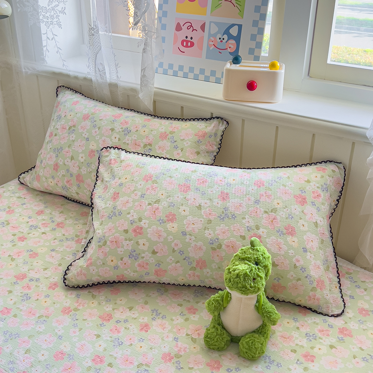 91家纺网 家纺一手货源 找家纺 三盛源 2025新款韩版碎花皱皱双层纱镂空花边水洗棉单床单床单单件 莱茵-绿