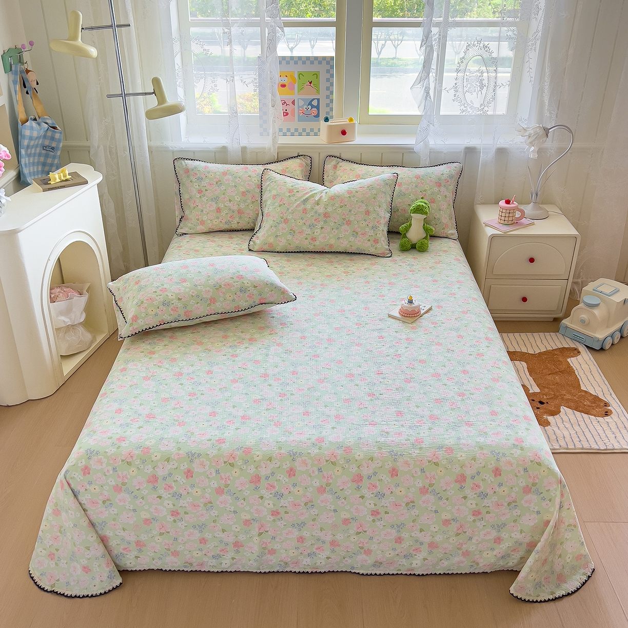 91家纺网 家纺一手货源 找家纺 三盛源 2025新款韩版碎花皱皱双层纱镂空花边水洗棉单床单床单单件 莱茵-绿