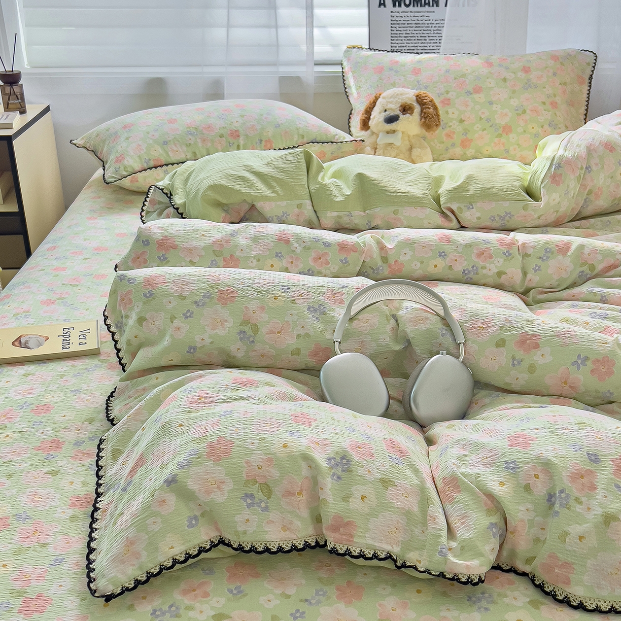 91家纺网 家纺一手货源 找家纺 （总）三盛源 2025新款韩系小花卉镂空花边超柔皱皱双层纱水洗棉单被套被套单件