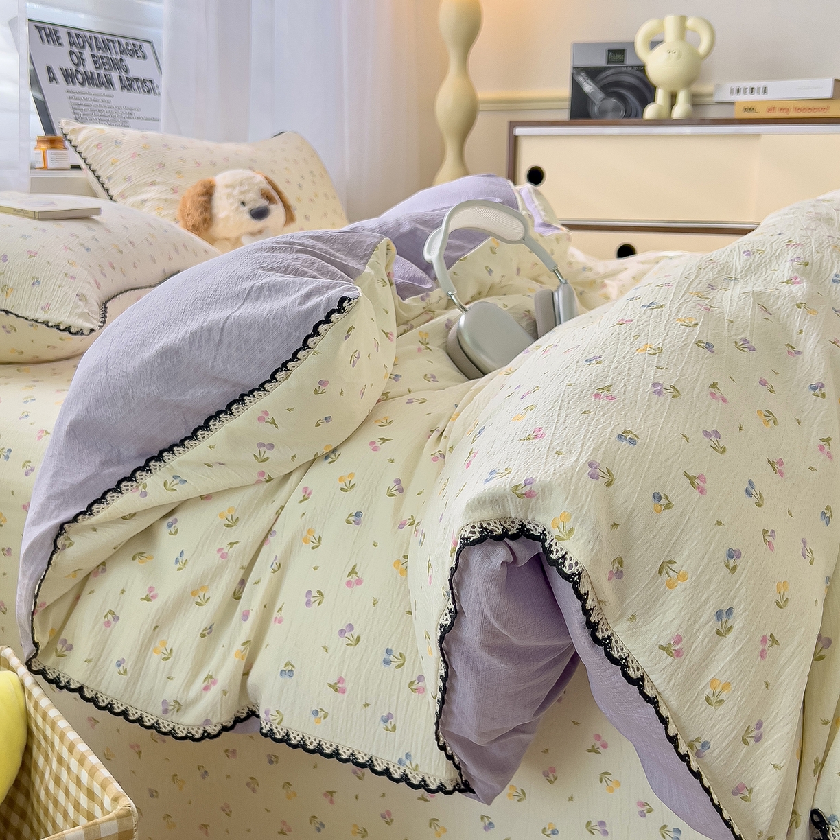 91家纺网 家纺一手货源 找家纺 三盛源 2025新款韩系小花卉镂空花边超柔皱皱双层纱水洗棉单被套被套单件 紫米樱桃