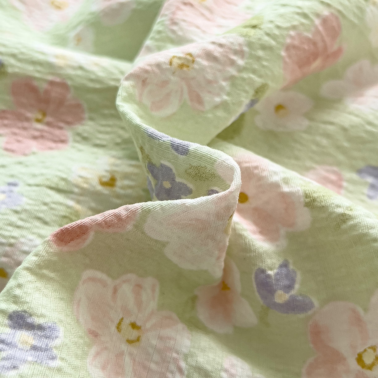 91家纺网 家纺一手货源 找家纺 （总）三盛源 2025新款韩系小花卉镂空花边超柔皱皱双层纱水洗棉单被套被套单件