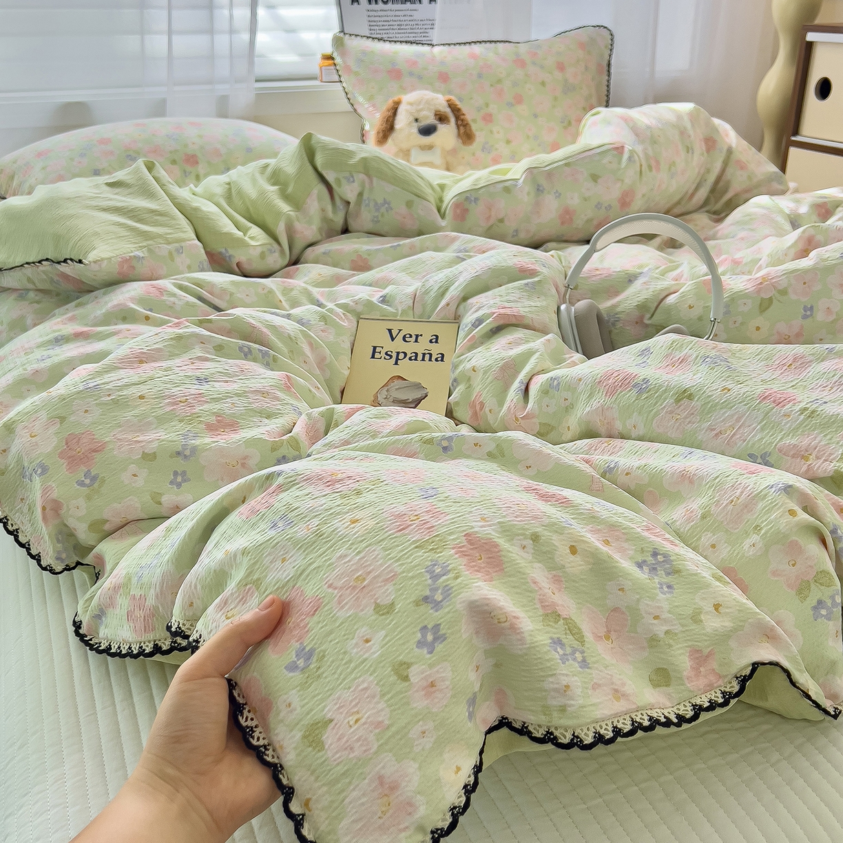 91家纺网 家纺一手货源 找家纺 （总）三盛源 2025新款韩系小花卉镂空花边超柔皱皱双层纱水洗棉单被套被套单件