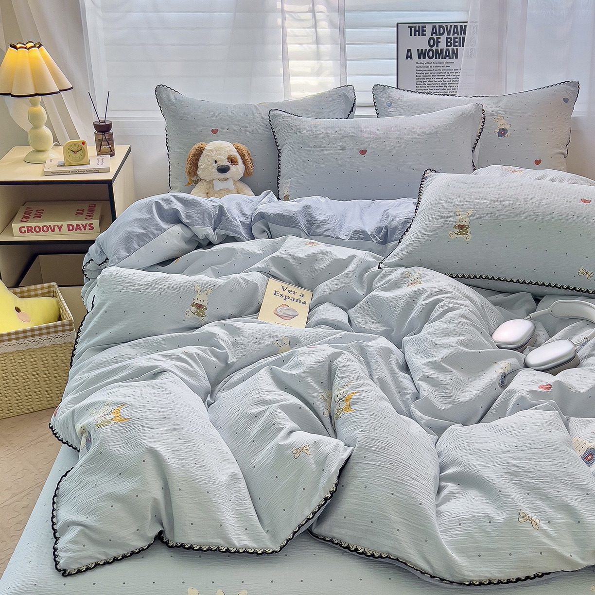 91家纺网 家纺一手货源 找家纺 三盛源 2025新款韩系小花卉镂空花边超柔皱皱双层纱水洗棉单被套被套单件 萌趣小窝