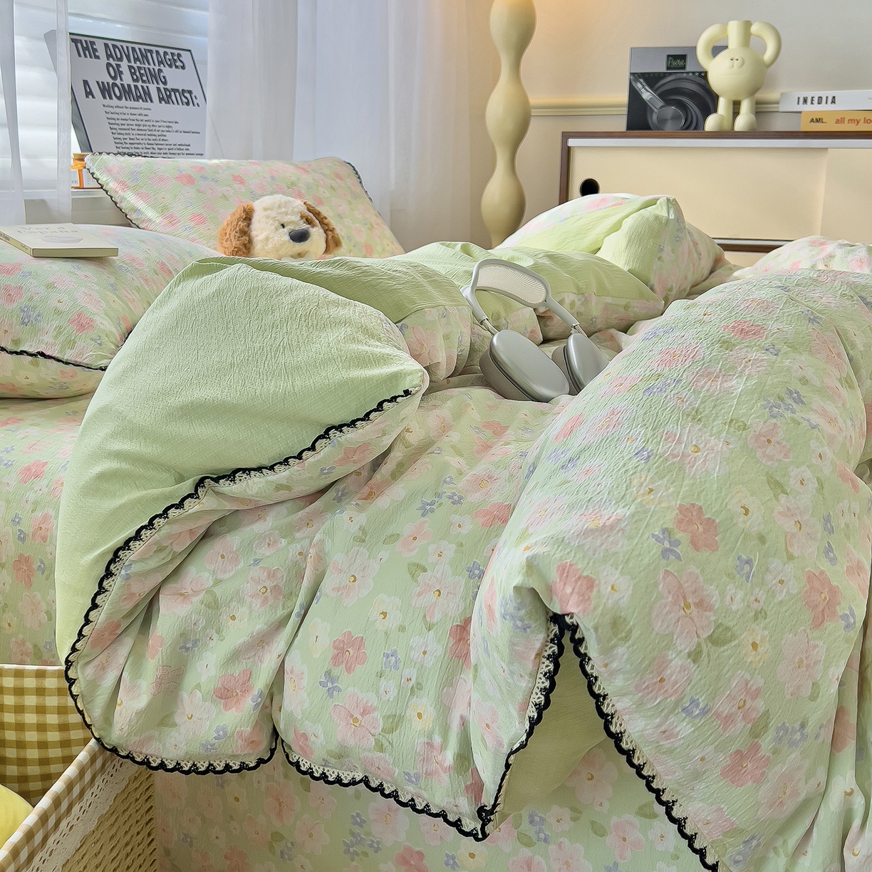 91家纺网 家纺一手货源 找家纺 （总）三盛源 2025新款韩系小花卉镂空花边超柔皱皱双层纱水洗棉单被套被套单件