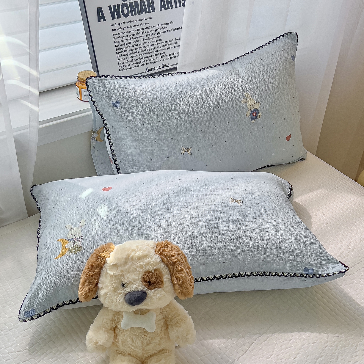 91家纺网 家纺一手货源 找家纺 三盛源 2025新款韩系小花卉镂空花边超柔皱皱双层纱水洗棉单被套被套单件 萌趣小窝