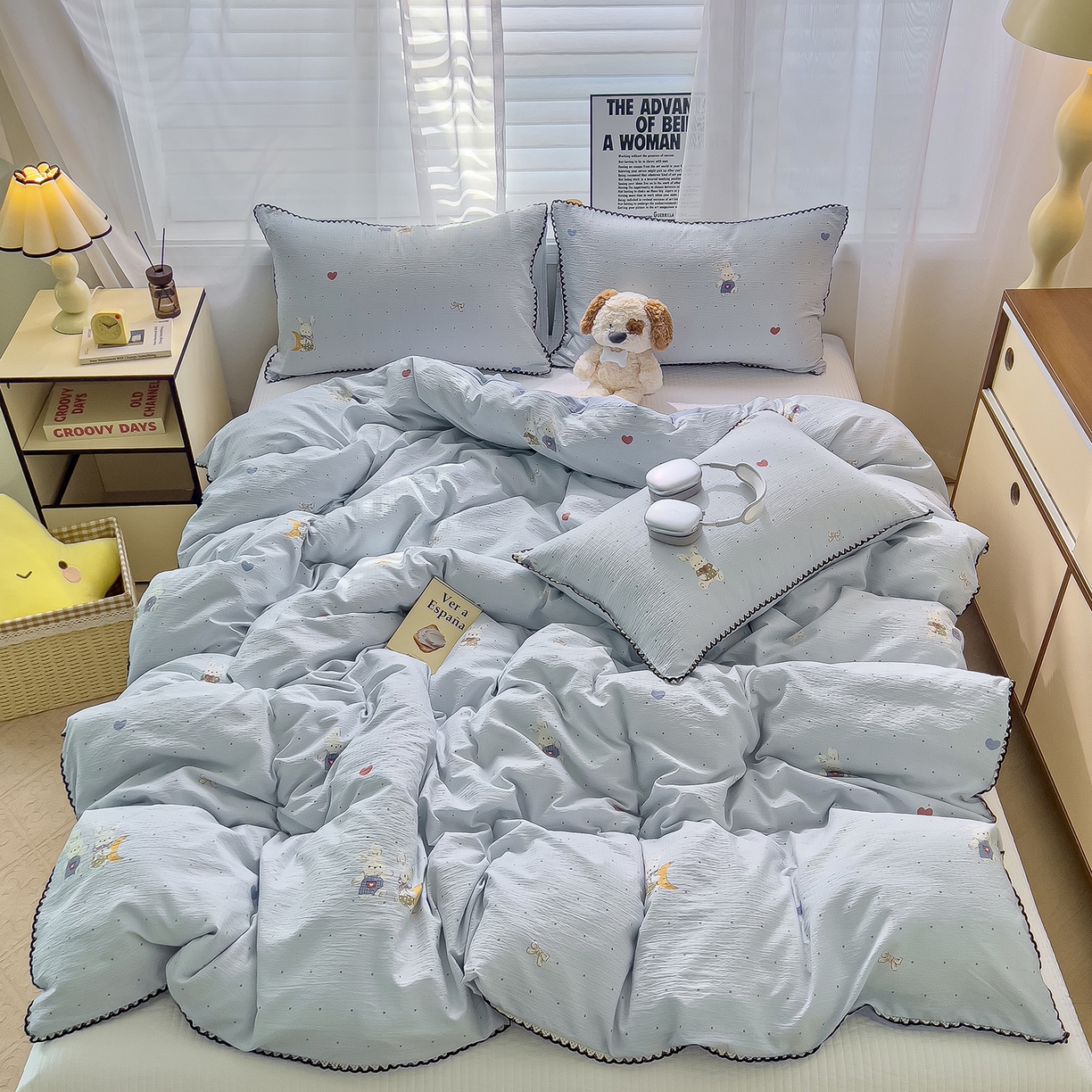 91家纺网 家纺一手货源 找家纺 三盛源 2025新款韩系小花卉镂空花边超柔皱皱双层纱水洗棉单被套被套单件 萌趣小窝