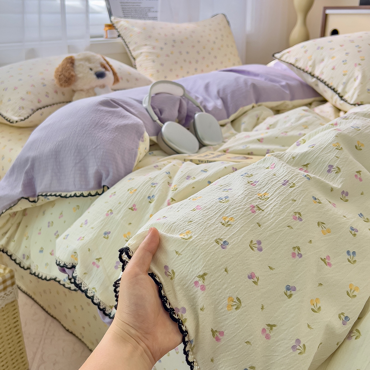 91家纺网 家纺一手货源 找家纺 三盛源 2025新款韩系小花卉镂空花边超柔皱皱双层纱水洗棉单被套被套单件 紫米樱桃