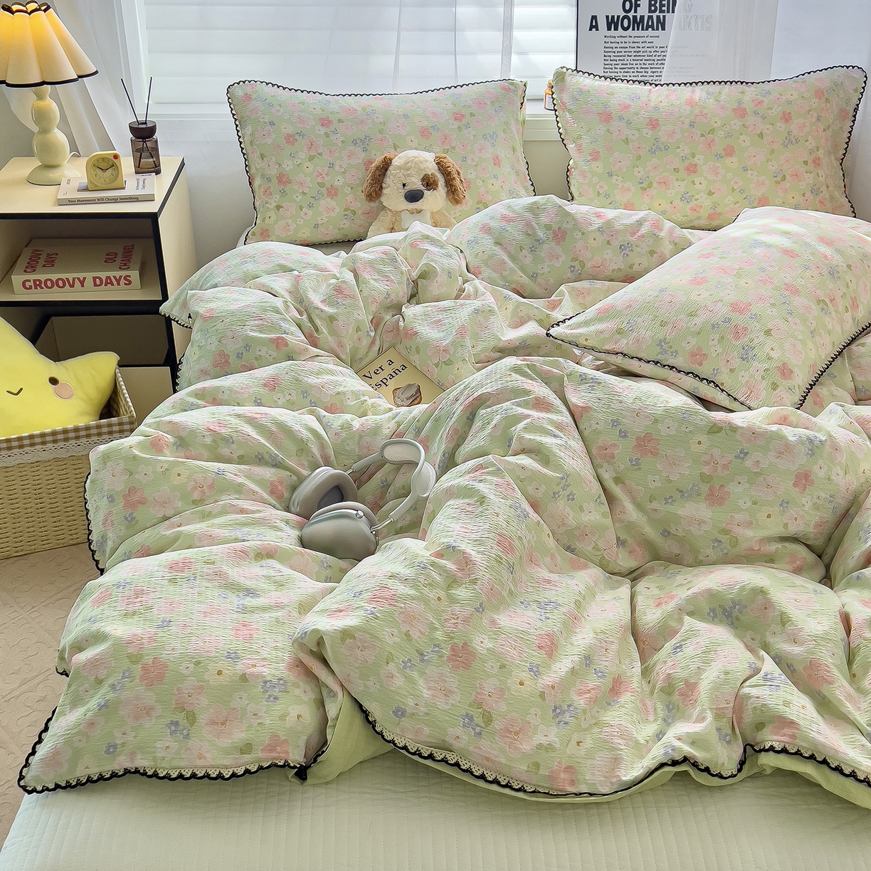 91家纺网 家纺一手货源 找家纺 （总）三盛源 2025新款韩系小花卉镂空花边超柔皱皱双层纱水洗棉单被套被套单件