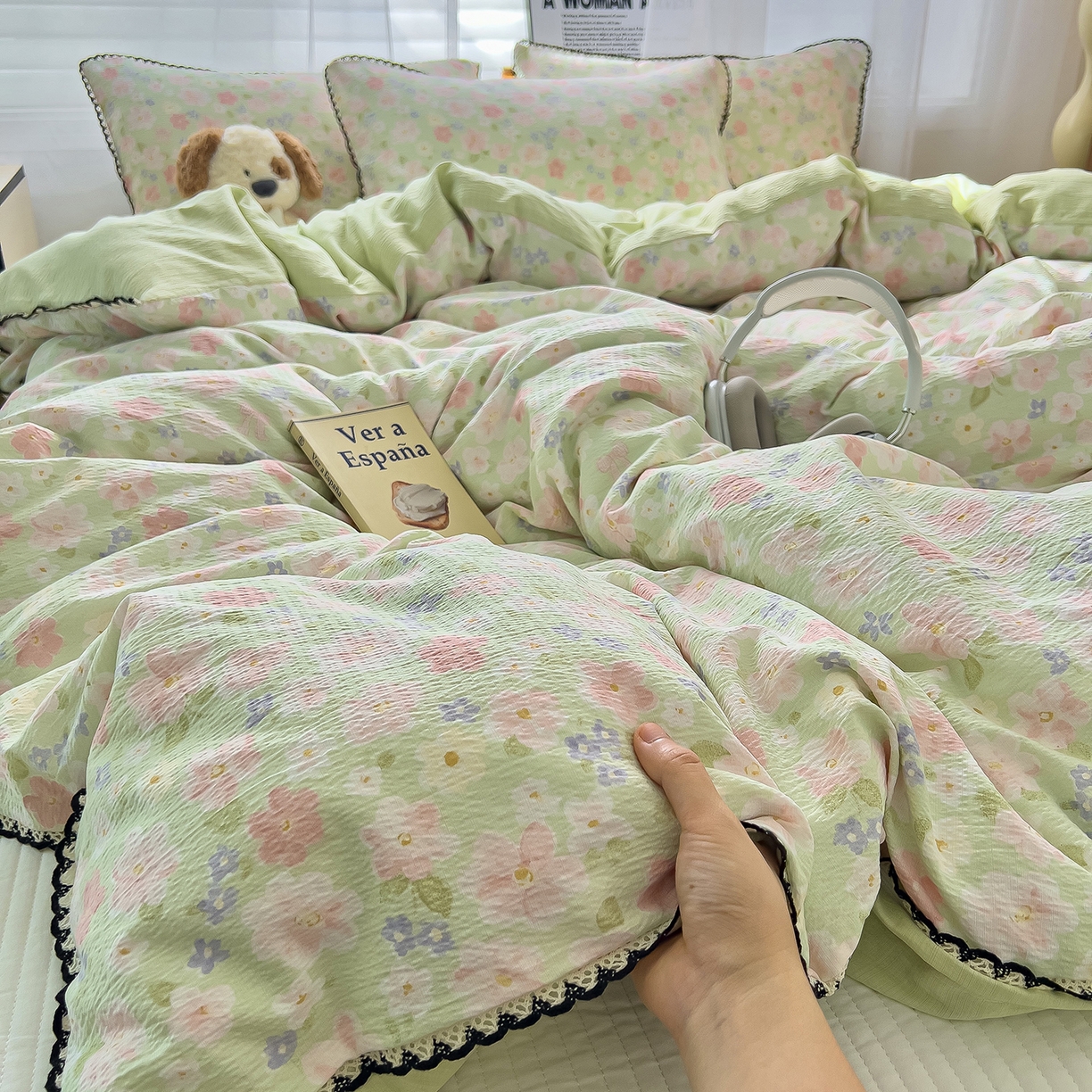 91家纺网 家纺一手货源 找家纺 （总）三盛源 2025新款韩系小花卉镂空花边超柔皱皱双层纱水洗棉单被套被套单件