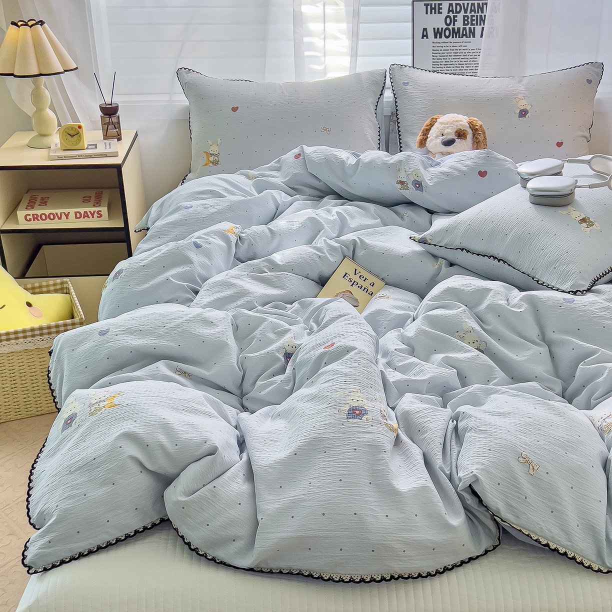 91家纺网 家纺一手货源 找家纺 三盛源 2025新款韩系小花卉镂空花边超柔皱皱双层纱水洗棉单被套被套单件 萌趣小窝